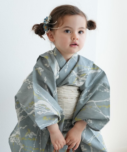utatane 浴衣 キッズ浴衣3点セット ひよこ商店 浅葱鼠に飛び回る雀