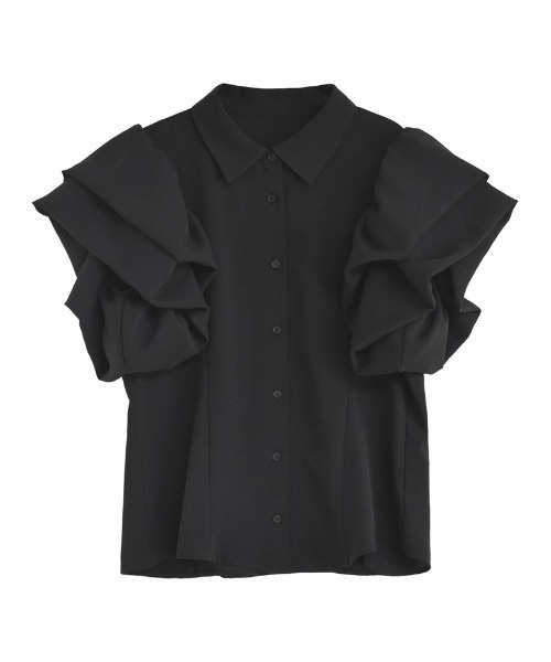 PUTUMAYO ブラック フリルシャツ 半袖 シフォンジョーゼット&チュールダブルフリル半袖ブラウス