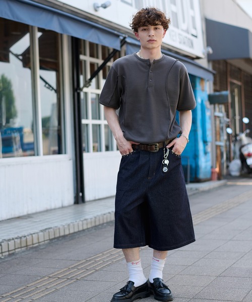 リジットデニム バギージョーツL kutir ジーンズ STUDDED RIGID DENIM BAGGY SHORTS／スタッズ