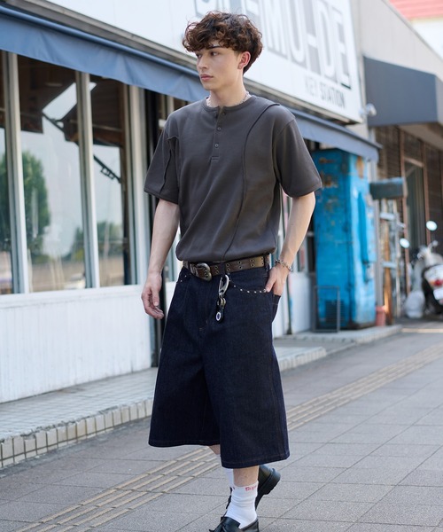 リジットデニム バギージョーツL kutir ジーンズ STUDDED RIGID DENIM BAGGY SHORTS／スタッズ