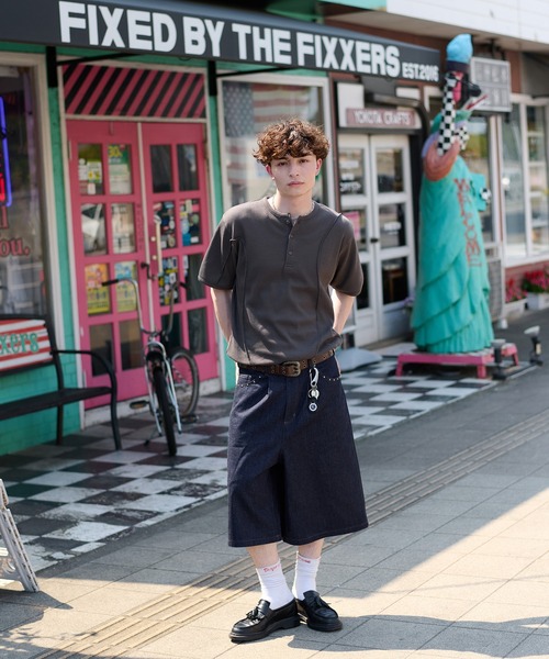リジットデニム バギージョーツL kutir ジーンズ STUDDED RIGID DENIM BAGGY SHORTS／スタッズ