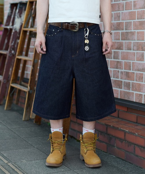 スタッズリジットデニムバギーショーツ(海外ストリート) kutir ジーンズ STUDDED RIGID DENIM BAGGY SHORTS／スタッズ