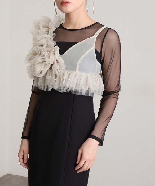 ドレス ミモレ丈＆袖ありフォーマルフリルパールビスチェ2点セットIラインタイトセレモニー結婚式二次会パーティードレスオケージョンドレス同窓会成人式