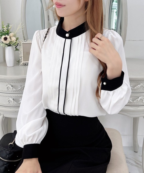 美品♪エストネーション バイカラーとろみブラウス 長袖シャツ INGNI（イング） ブラウス シャツ バイカラータックトロミブラウス
