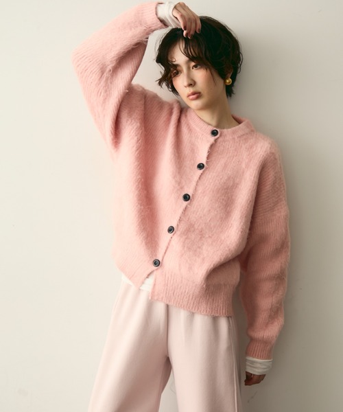 Trish（トリッシュ） カーディガン シャギー配色釦ラウンドネック