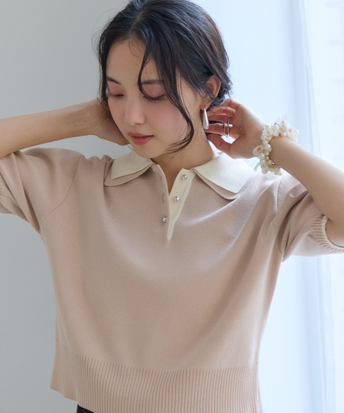 ポロシャツ ポロ ダブルカラー半袖ポロニットトップス/WEB限定カラー レディースの画像