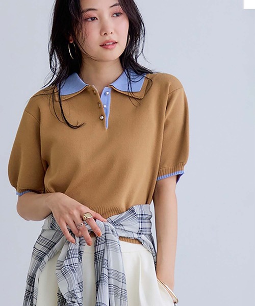 ポロシャツ ポロ ダブルカラー半袖ポロニットトップス/WEB限定カラー レディースの画像