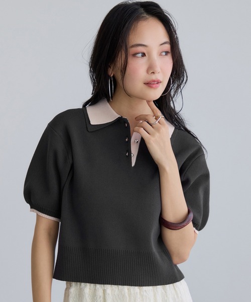 ポロシャツ ポロ ダブルカラー半袖ポロニットトップス/WEB限定カラー レディースの画像