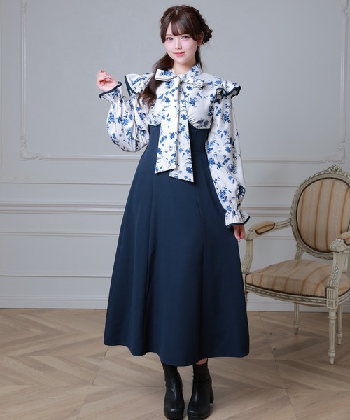 Anely ワンピース 花柄 ボウタイ リボン ドッキング ロング ワンピース