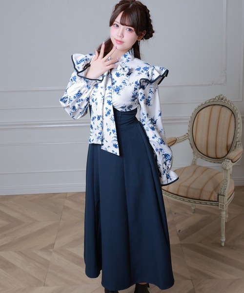 Anely ワンピース 花柄 ボウタイ リボン ドッキング ロング ワンピース