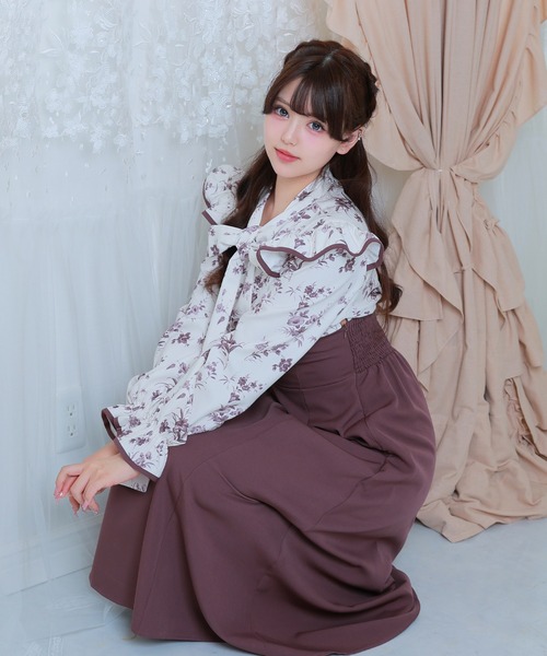 Anely ワンピース 花柄 ボウタイ リボン ドッキング ロング ワンピース