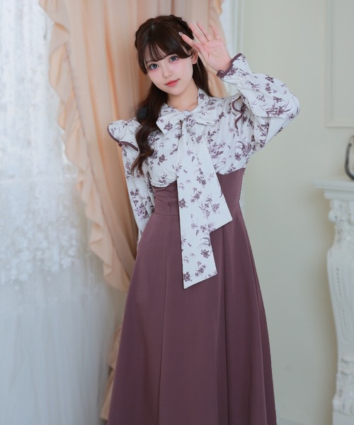 Anely ワンピース 花柄 ボウタイ リボン ドッキング ロング ワンピース