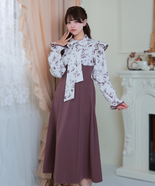 Anely ワンピース 花柄 ボウタイ リボン ドッキング ロング ワンピース