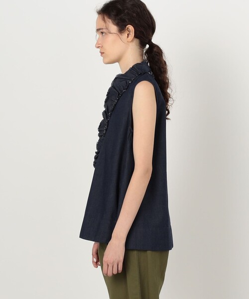 【美品】iCONOLOGY / 立体刺繍 マオカラーノースリーブブラウス MACPHEE（マカフィー） ブラウス シャツ アイスコットン フリル