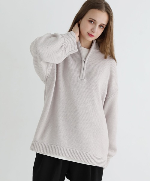 【PGG】新品　サイズ1 ポリエステルヤーン 半袖ハーフジップニット LILL セーター ニット ルーズシルエットバルーン袖ハーフジップ