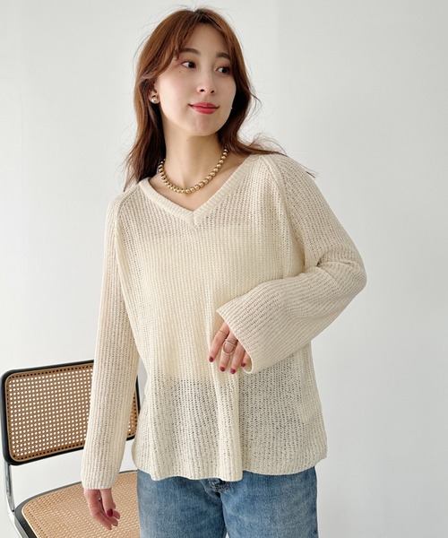 un+frame tシャツ vneck knits tops／Vネッククロシェニットトップス