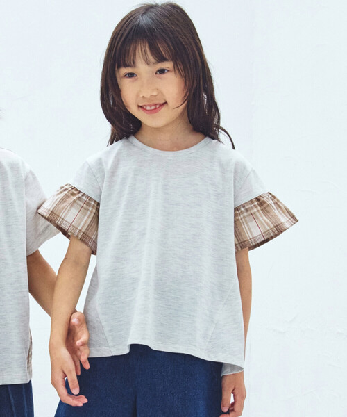COMME CA ISM（コムサイズム） tシャツ チェック使い 袖フリルTシャツ