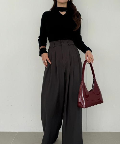 efill ニット セーター 無地 金ボタン付き 長袖 リブニット トップス