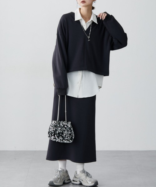 Tシャツ カットソー レディース 裏シャギー上下 セットアップ キーネック プルオーバー ＋Iライン スカート S/M ニッセン nissen ニッセン tシャツ 裏シャギー上下セットアップ（キーネックプル