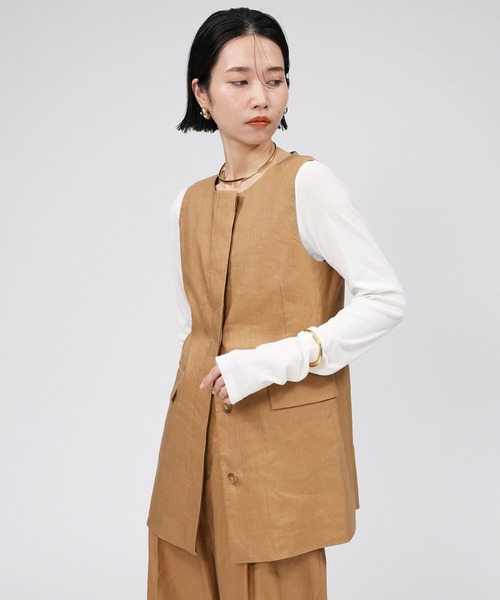 美品✨現行 MOGA シュリンクリネンケープ ベスト ジレ RANAN ベスト ジレ ボタンデザインオーバーサイズジレ