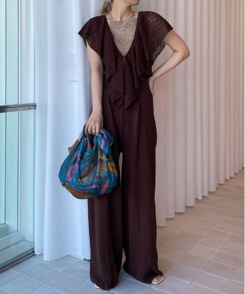 サロペット・オーバーオール・オールインワン Ameri vintage VELOUR ELEGANT ROMPERS Ameri（アメリ） サロペット オーバーオール MEDI RUFFLE KNIT ROMPERS