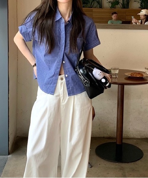 SHEENA（シーナ） ブラウス シャツ 半袖 ワンポイント刺繍チェック柄