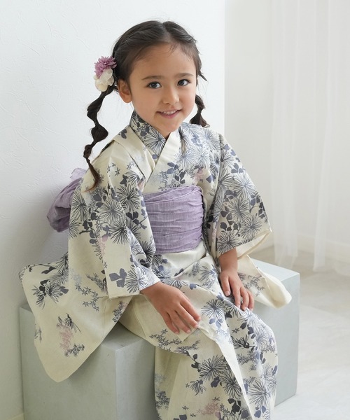 utatane 浴衣 キッズ浴衣3点セット ひよこ商店 きなりに青藤色の連なる