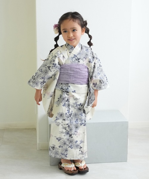 浴衣 キッズ浴衣3点セット ひよこ商店 きなりに青藤色の連なる小菊 キッズ 子供 女の子の画像