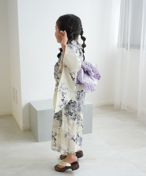 浴衣 キッズ浴衣3点セット ひよこ商店 きなりに青藤色の連なる小菊 キッズ 子供 女の子の画像