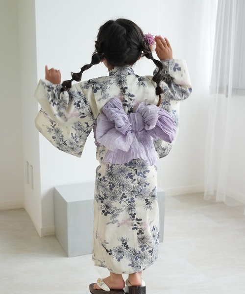浴衣 キッズ浴衣3点セット ひよこ商店 きなりに青藤色の連なる小菊 キッズ 子供 女の子の画像
