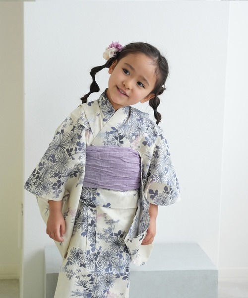 浴衣 キッズ浴衣3点セット ひよこ商店 きなりに青藤色の連なる小菊 キッズ 子供 女の子の画像