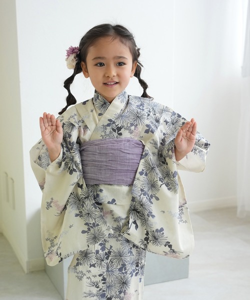 浴衣 キッズ浴衣3点セット ひよこ商店 きなりに青藤色の連なる小菊 キッズ 子供 女の子の画像