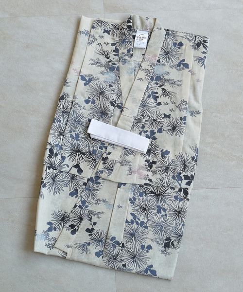 浴衣 キッズ浴衣3点セット ひよこ商店 きなりに青藤色の連なる小菊 キッズ 子供 女の子の画像
