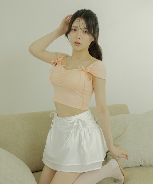 M DOLLY tシャツ pentagon neck ribbon tops/ペンタゴンネック