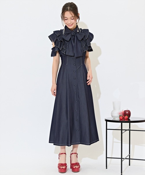 ウィルセレクション ロングワンピース ネイビー WILLSELECTION（ウィルセレクション） ワンピース ラッフルスリーブ