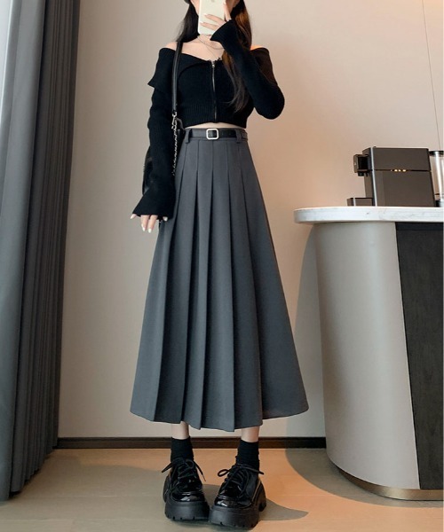 Maison Calme ロング スカート 「2点セット」Aラインベルト付きウール