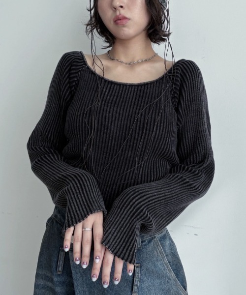 tシャツ ウォッシュ加工スクエアネックリブトップス レディース