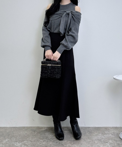 ニット/セーター back ribbon rib tunic BLACK Back Ribbon Knit Dress - ROSARYMOON OFFICIAL WEB STORE