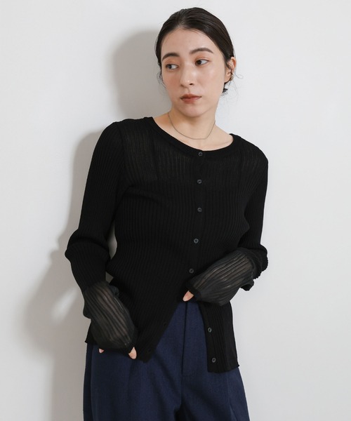 クルーネックカーディガン、リブニット select MOCA（セレクトモカ） カーディガン カフスシアークルーネック