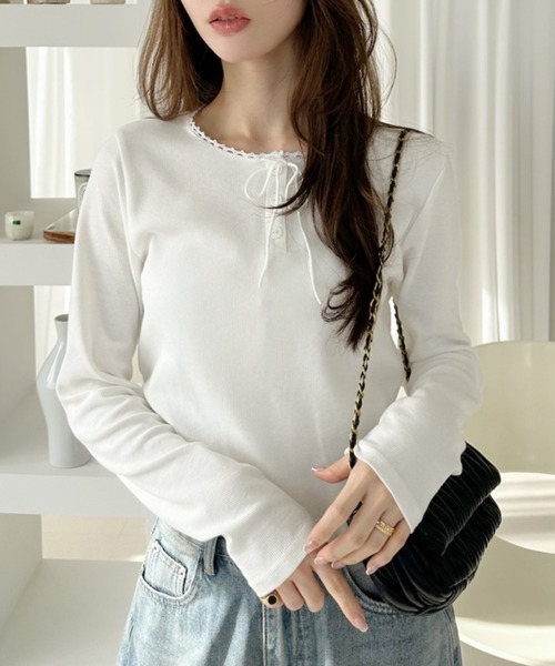 TREOVER tシャツ リボンとレースでさり気なく華やかに フェミニンな