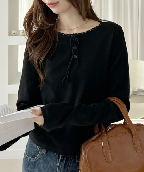 TREOVER tシャツ リボンとレースでさり気なく華やかに フェミニンな