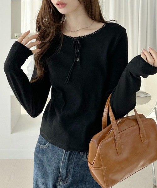 TREOVER tシャツ リボンとレースでさり気なく華やかに フェミニンな
