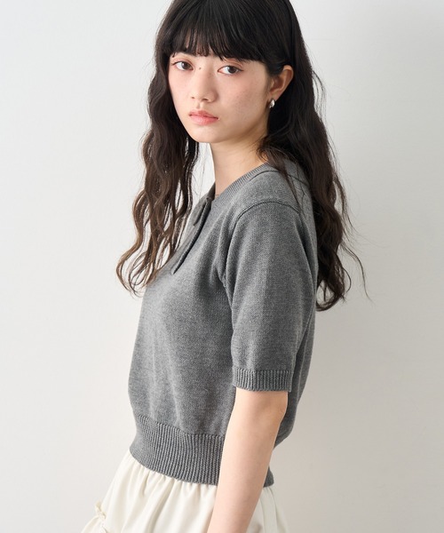 【美品】  CINOH / チノ | ショートニットポロシャツ プルオーバー | 44 | ダークグレー | レディース 美品】 CINOH / チノ | ショートニットポロシャツ プルオーバー | 44