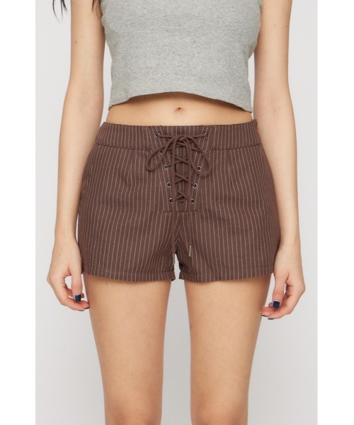【未使用】MASSES ショーツ L ブラウン 総柄 ハンド LAGUA GEM（ラグアジェム） パンツ STRIPE LACE UP ショートパンツ