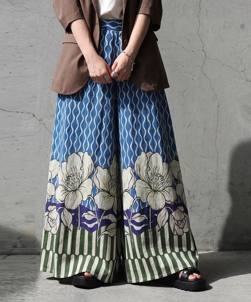 ワイドパンツ パンツ 花柄 綿100 ワイドパンツ レディースの画像