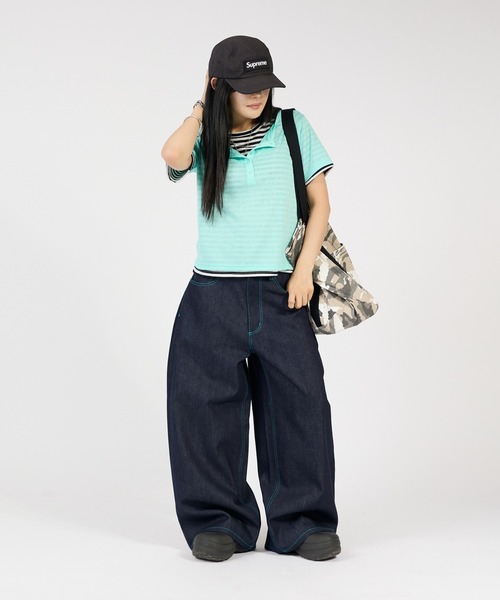 リメイク ワイドパンツ パッチワーク ピンク ブラックL デニム 101481B ワイドパンツ ジーンズ バイカラーパッチカーブパンツ メンズ