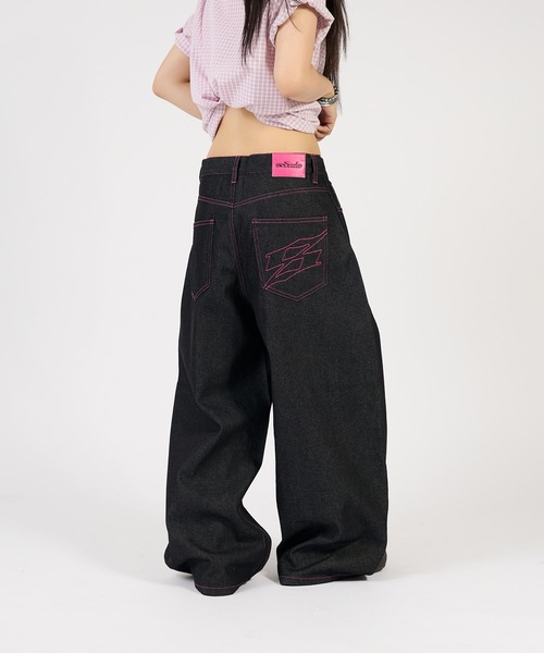 リメイク ワイドパンツ パッチワーク ピンク ブラックL デニム 101481B ワイドパンツ ジーンズ バイカラーパッチカーブパンツ メンズ