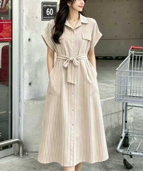 WONDERFUL WORLD 半袖 ストライプ ワンピース ワンピース 半袖 半袖ストライプシャツワンピース : ZOZOTOWN Yahoo!店
