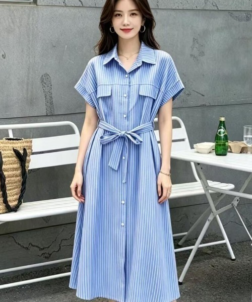 ワンピース 半袖 半袖ストライプシャツワンピース : ZOZOTOWN Yahoo!店