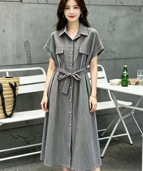 ストライプ 半袖シャツワンピース ワンピース 半袖 半袖ストライプシャツワンピース : ZOZOTOWN Yahoo!店